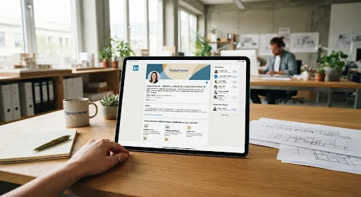 Tablet mit einem professionell gestalteten LinkedIn-Profil