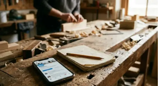 Smartphone, Notizbuch und Stift auf einer Werkbank in einer Handwerkswerkstatt