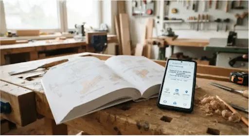 Notizbuch und Smartphone auf einer Werkbank als Symbol für die Website-Planung